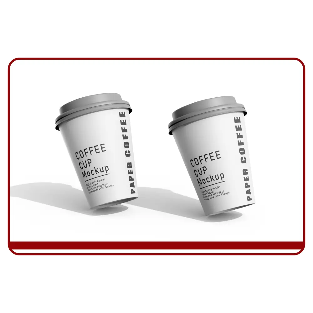 Two paper coffee cups with 'Coffee Cup Mockup' text on a white background