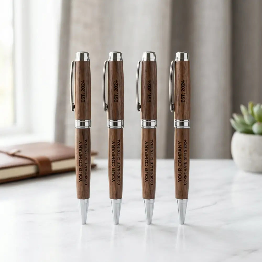 Four wooden pens with silver accents on a white surface.