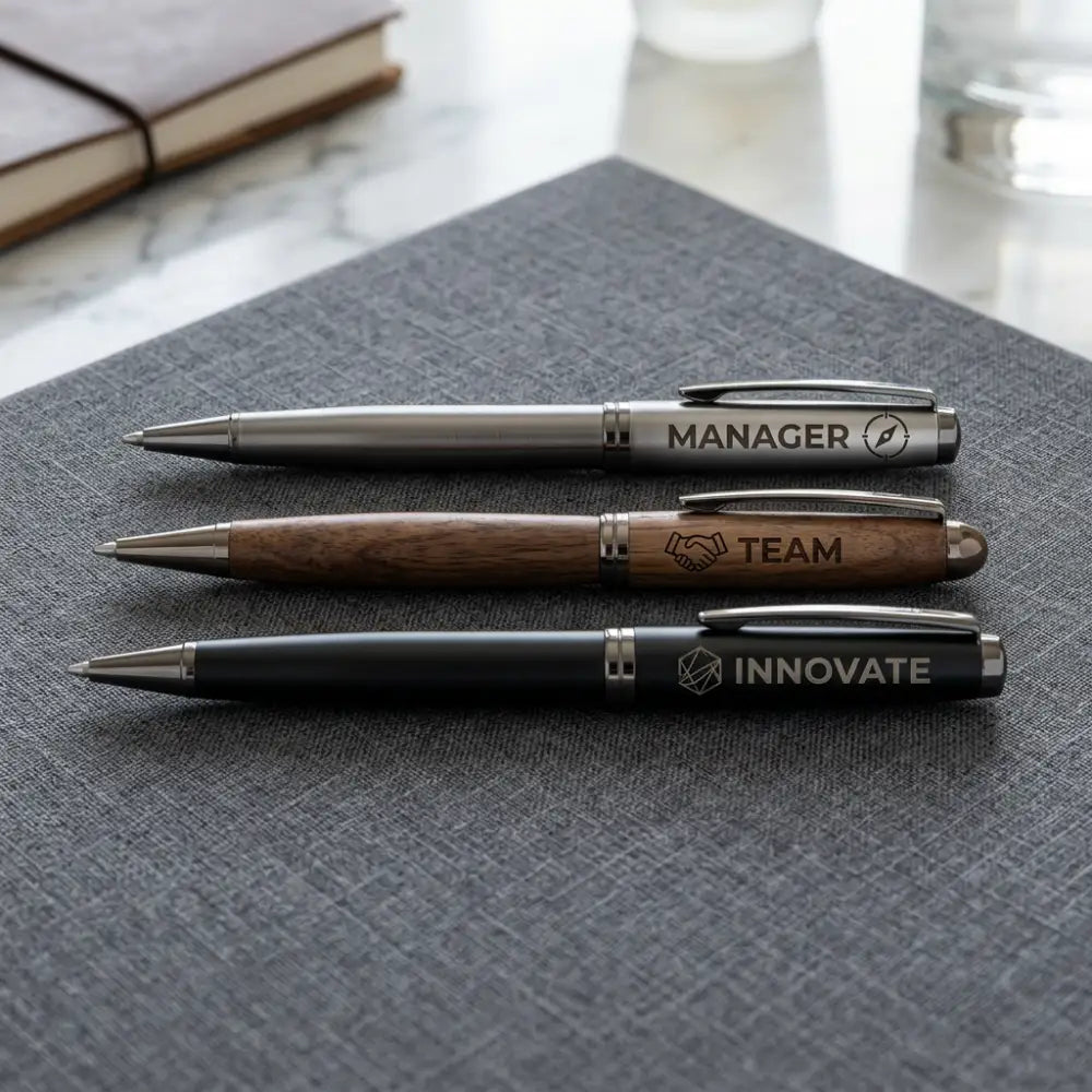 Three pens with engraved text on a textured surface