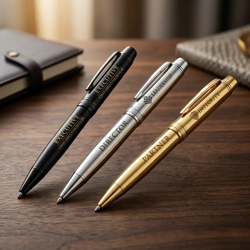Three pens in black, silver, and gold on a wooden surface with text 'EXECUTIVE', 'DIRECTOR', and 'PARTNER'.