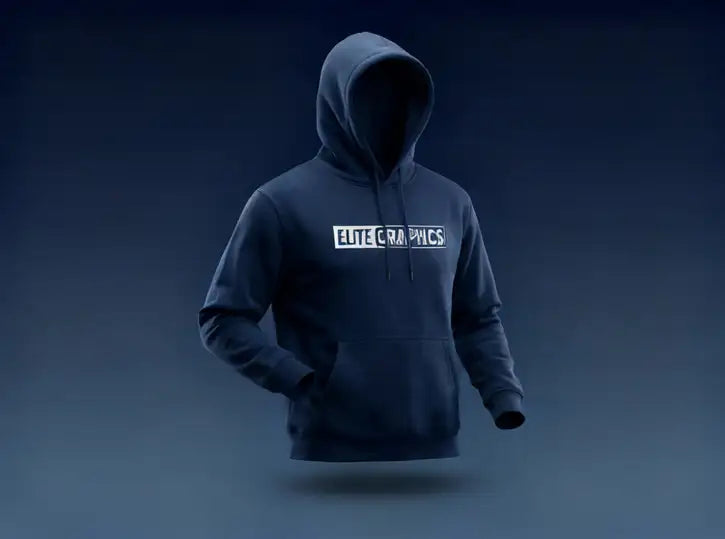 Dark navy blue hoodie with a white rectangular logo reading ’elite graphics’ across the chest.