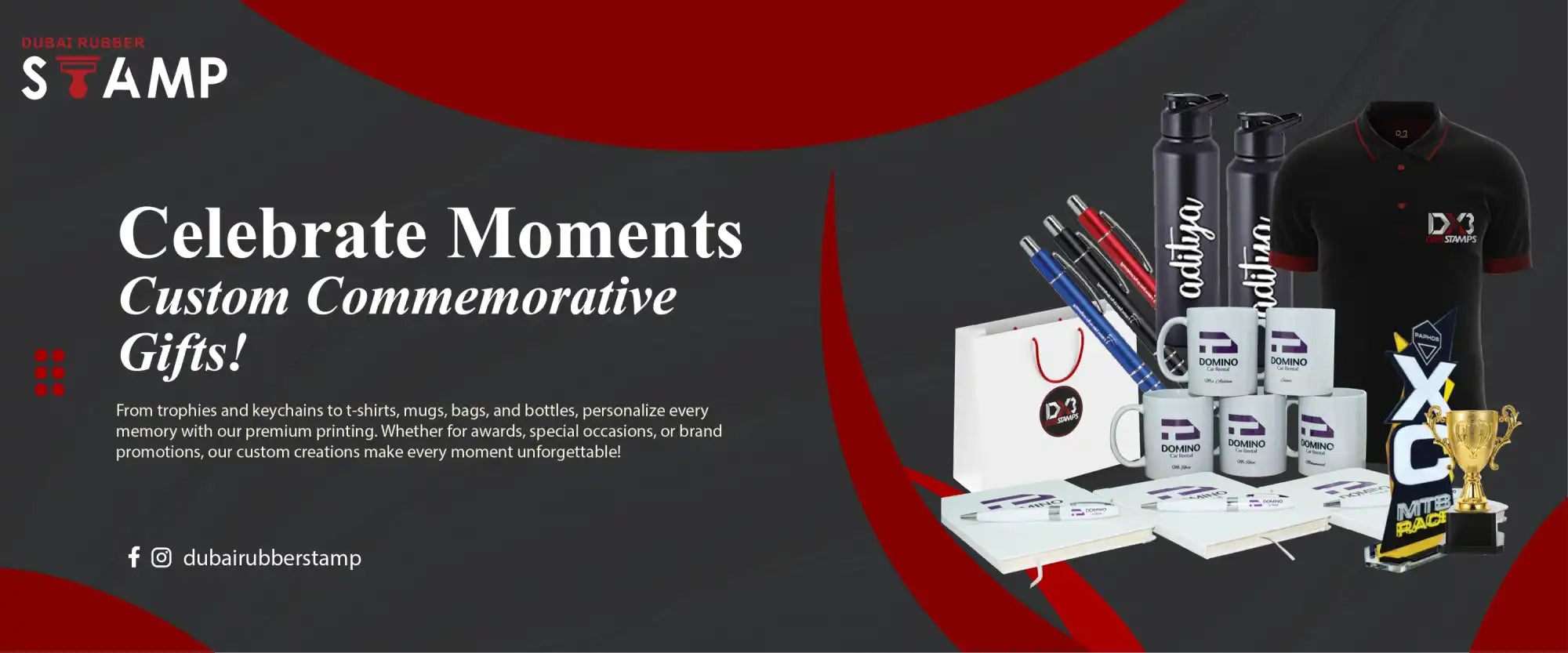 A display of custom-branded merchandise including mugs, pens, water bottles, and apparel.