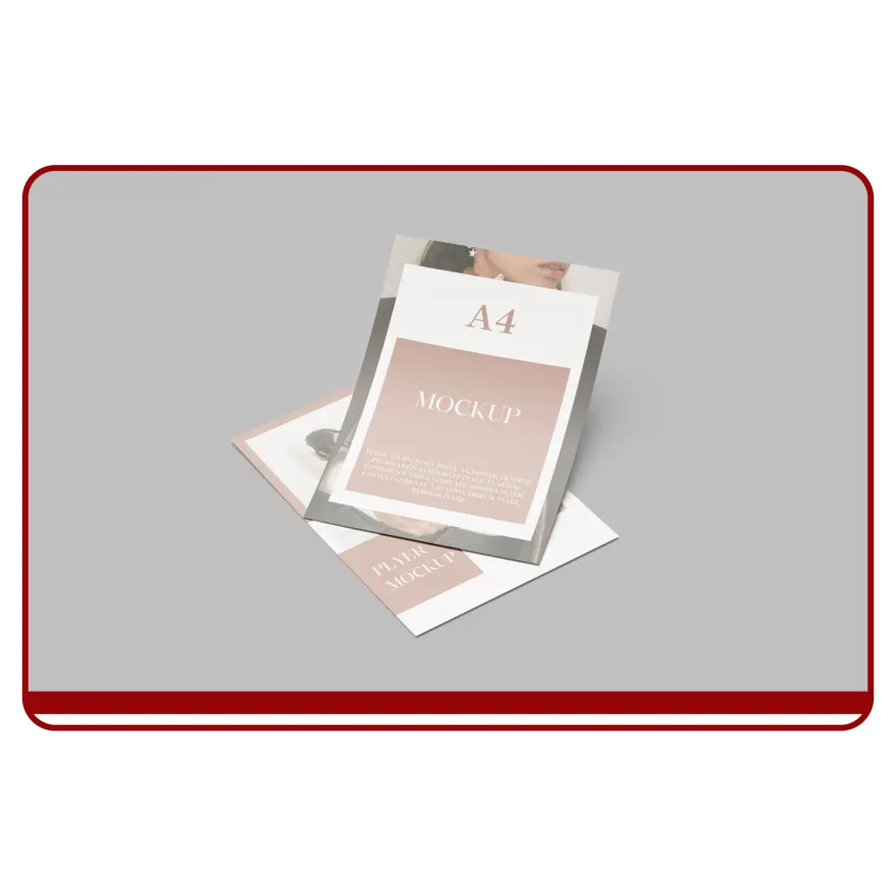A4 paper mockup with branding details on a gray background
