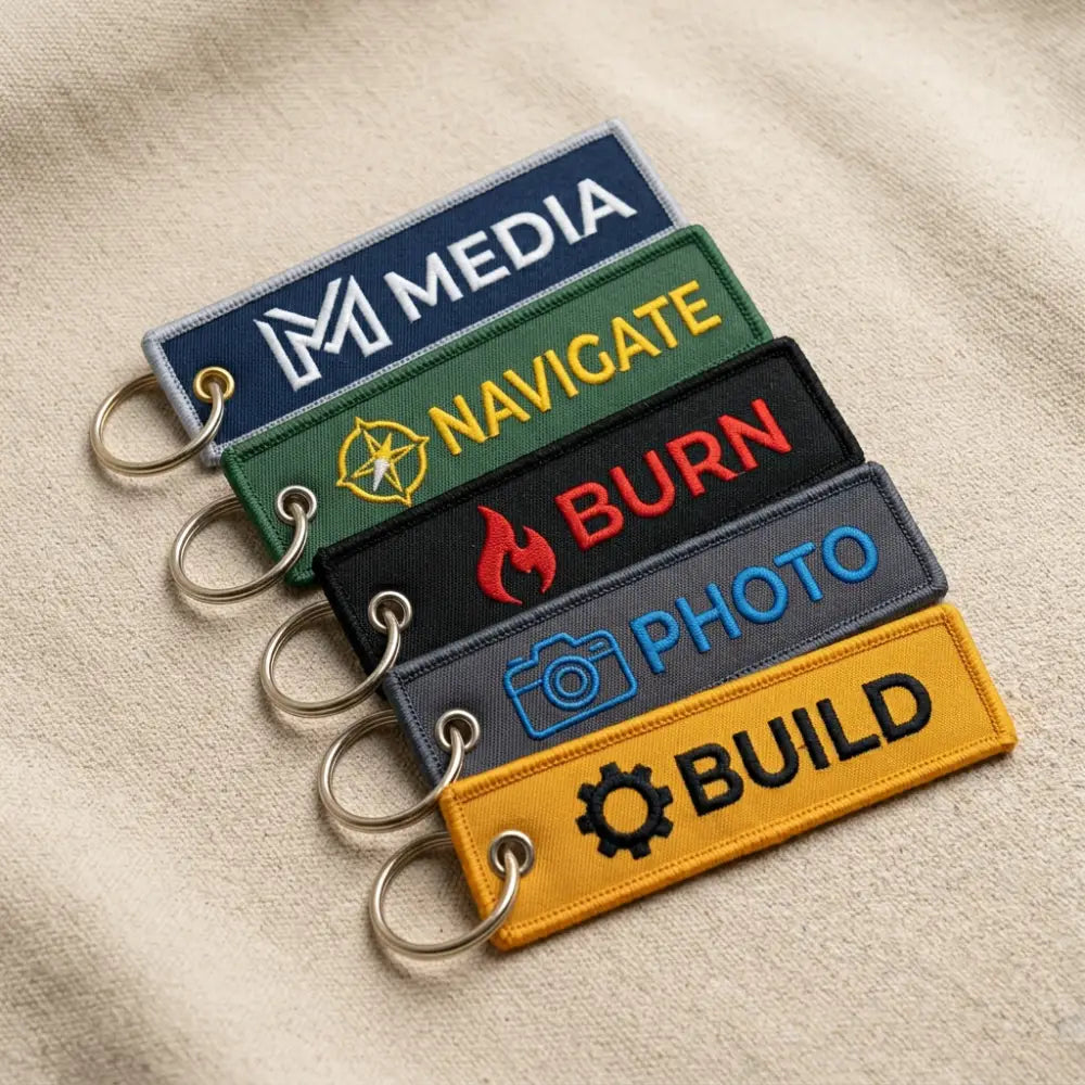 Set of colorful keychains with text and symbols on a beige fabric background