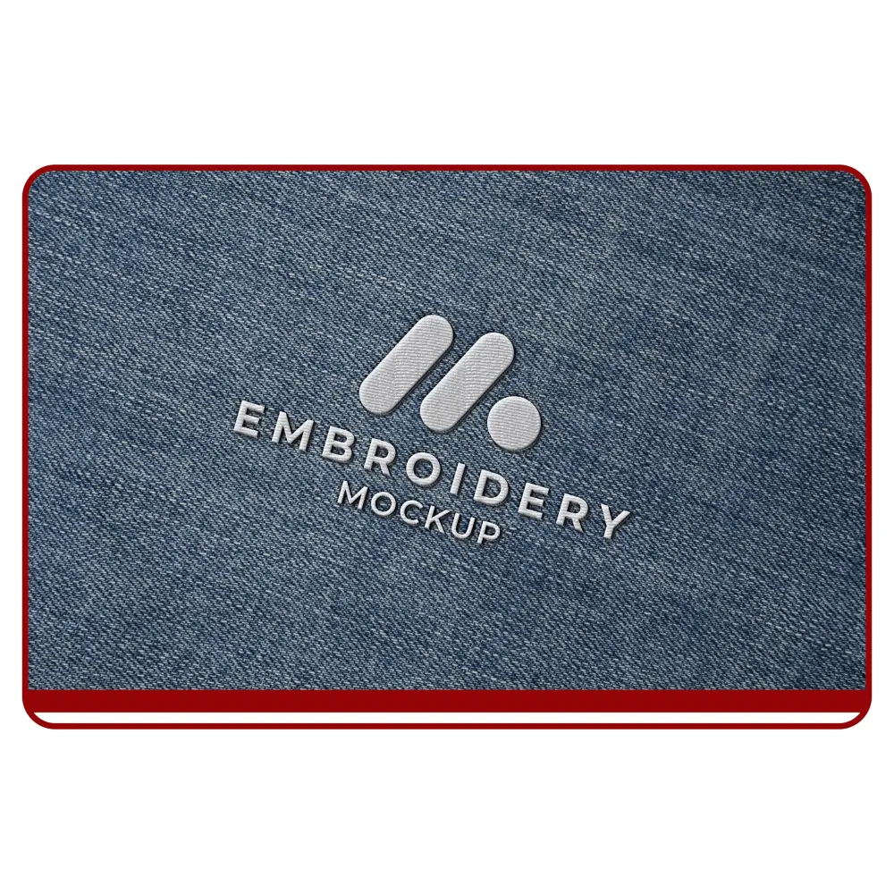 Embroidery mockup on a denim fabric background with 'Embroidery Mockup' text.