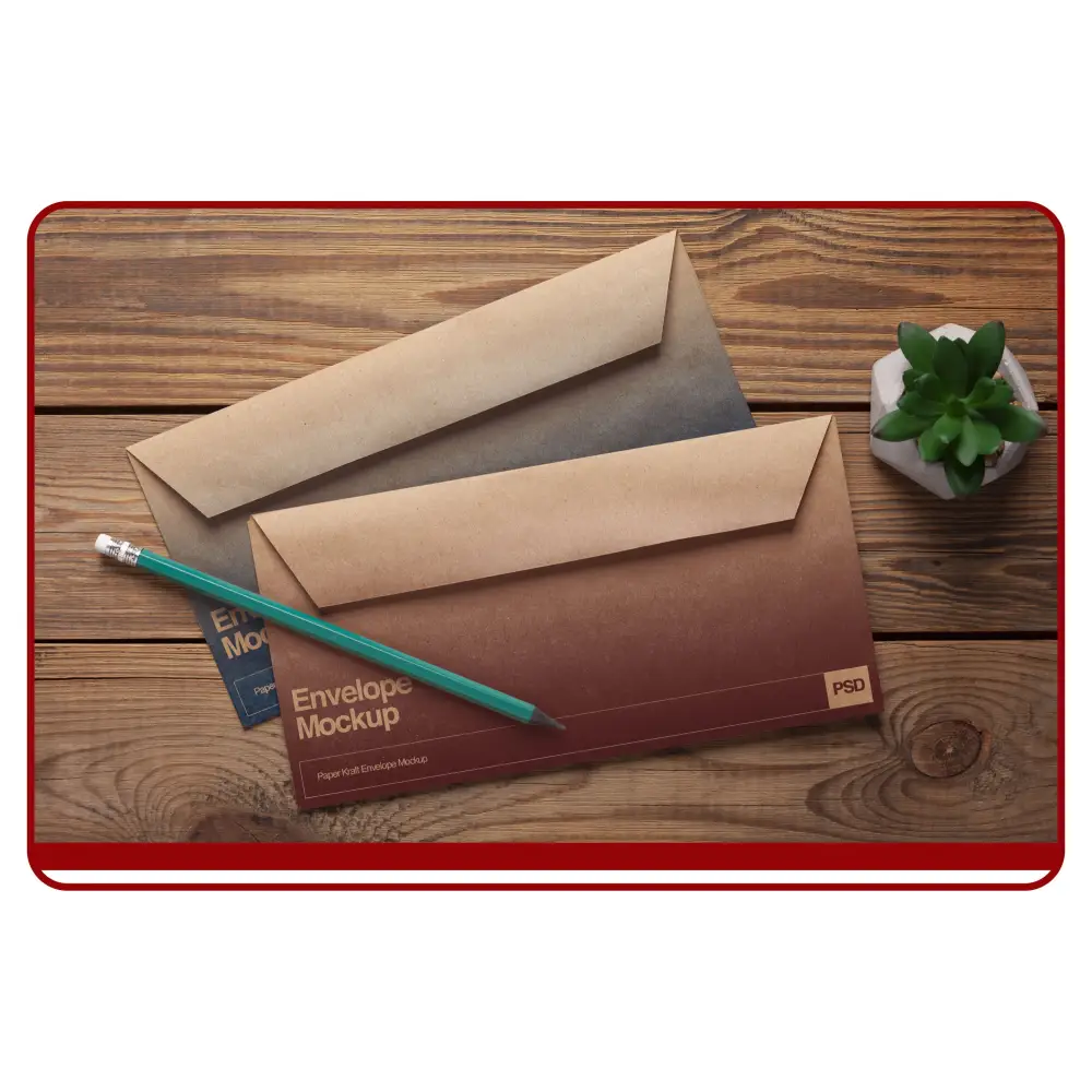 Two brown envelopes on a wooden surface with a pencil and plant