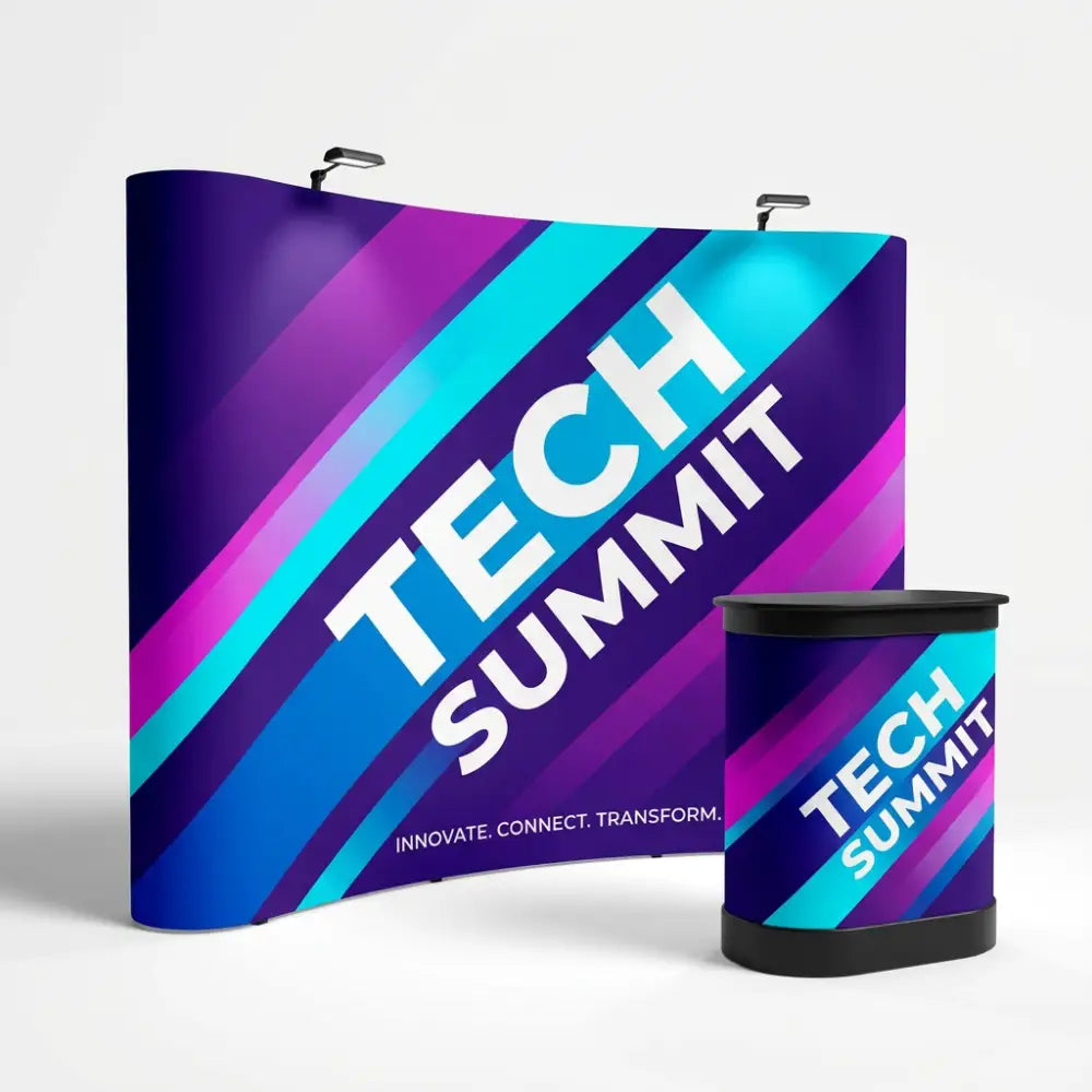 Tech Summit promotional banner and cup with colorful design on a white background