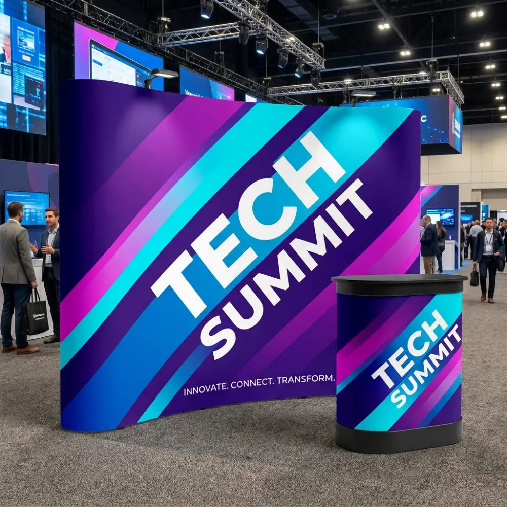 Tech Summit event setup with branded booth and display.