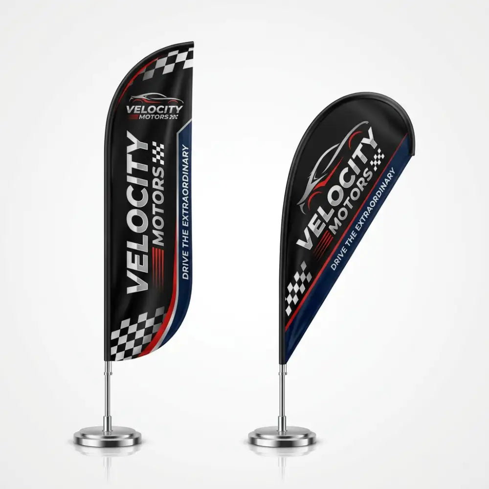 TwoVelocity Motors promotional flags on stands against a white background