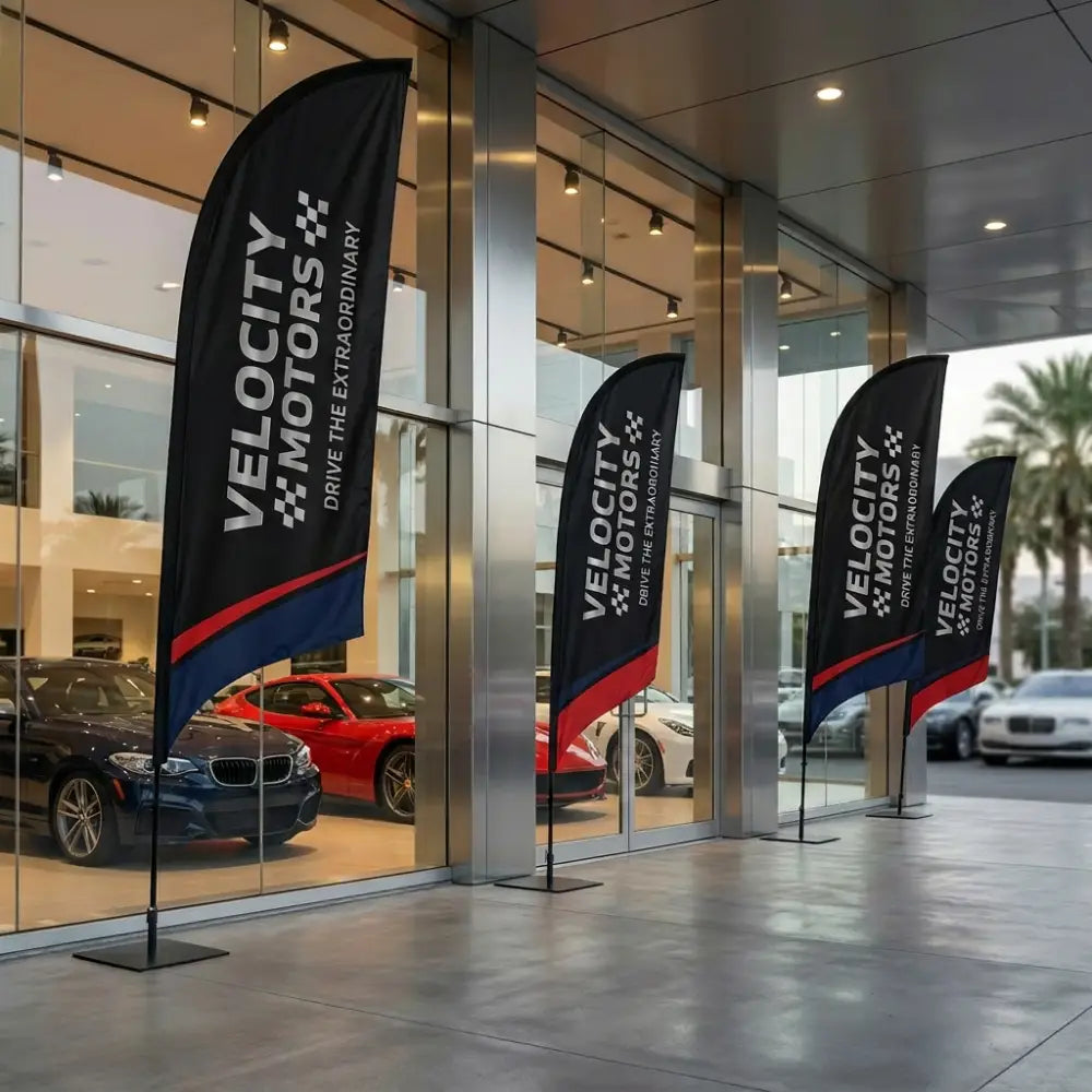 Velocity Motors flags outside a car dealership with cars inside