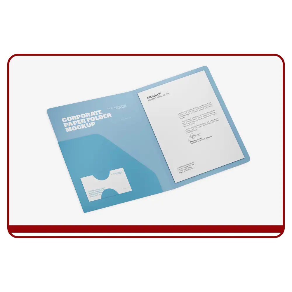 Blue corporate paper folder mockup with white background