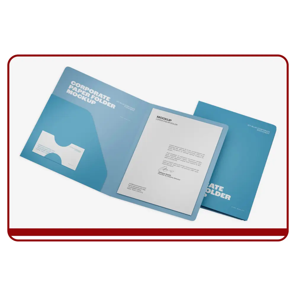 Blue letter-size folder with a letter inside on a white background