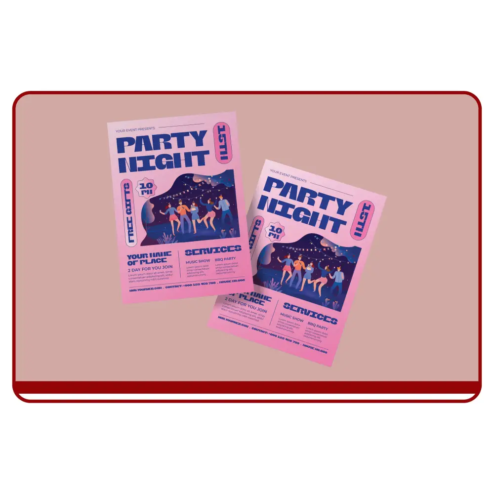 Two party flyers on a beige surface with a red border.