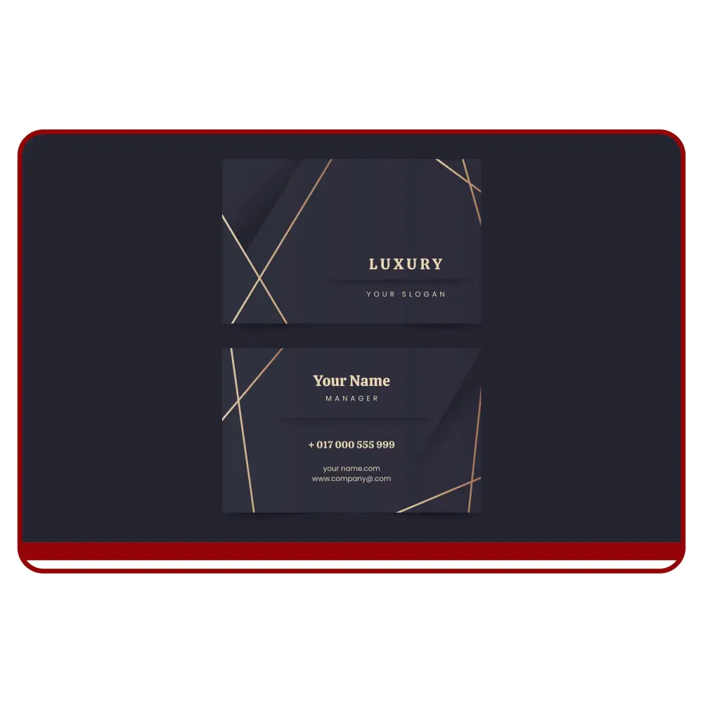 Dark business card with gold accents on a dark background