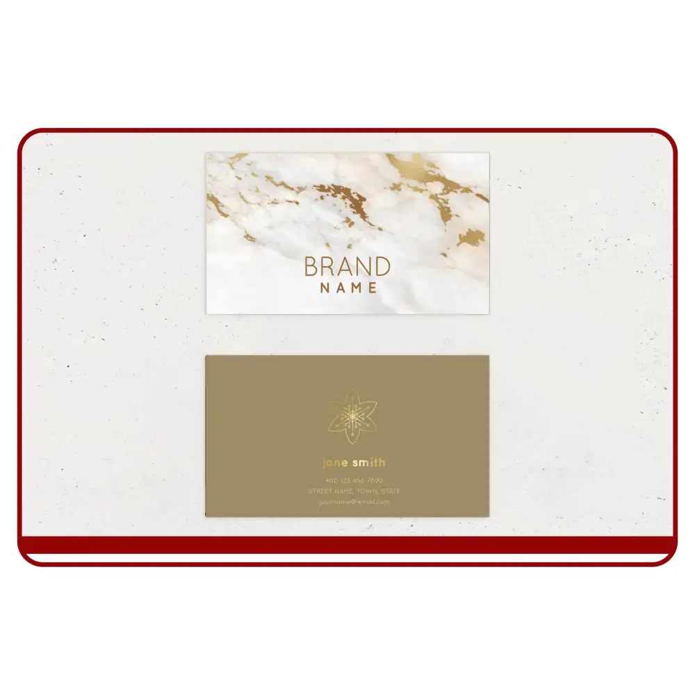 Two business cards on a marble surface with 'Brand Name' at the top.