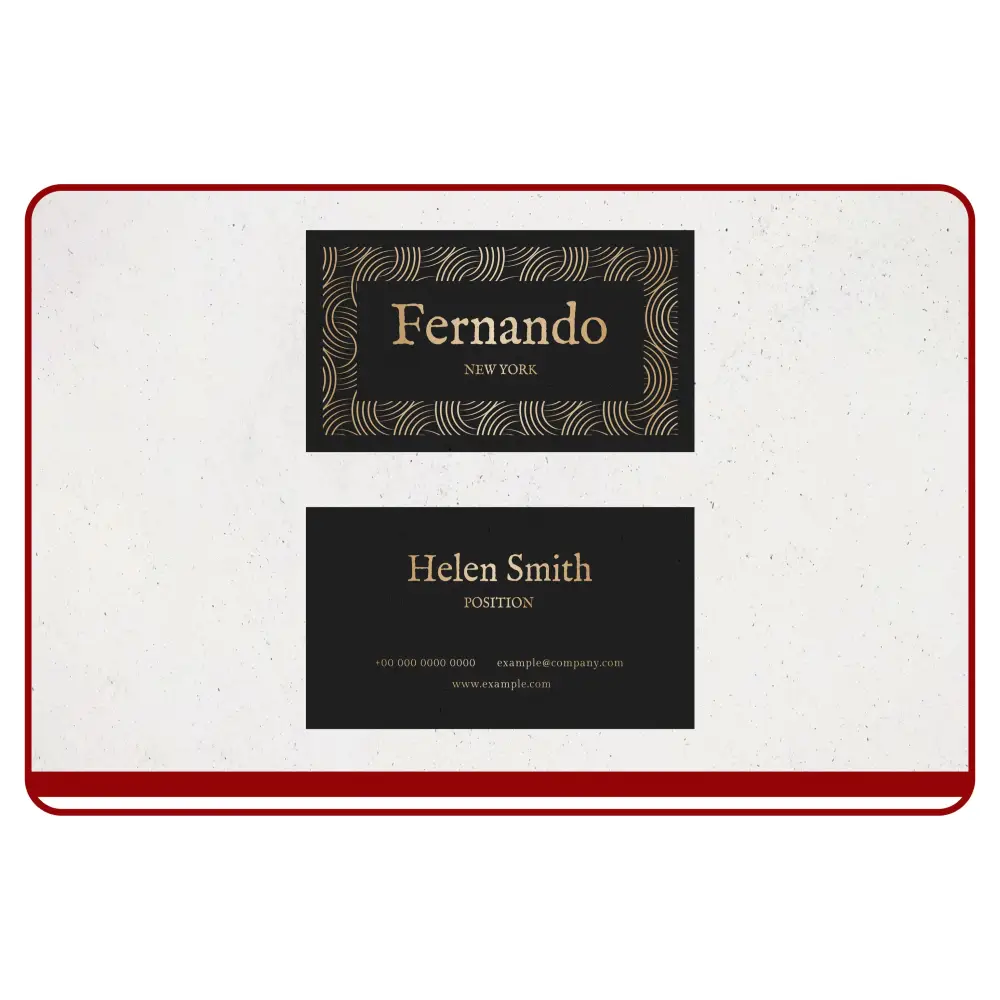 Two business cards on a textured white surface with a red border.