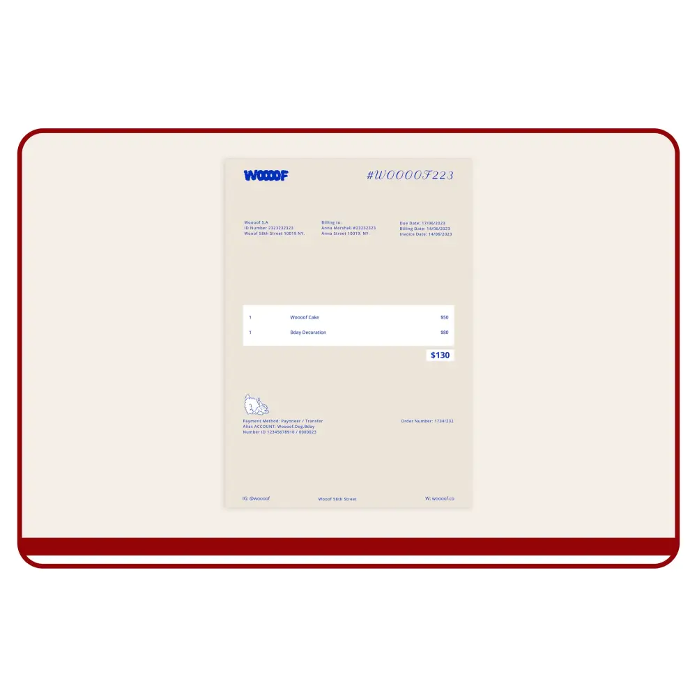 Screen capture of a Woofee product packaging with QR code and text on a beige background.