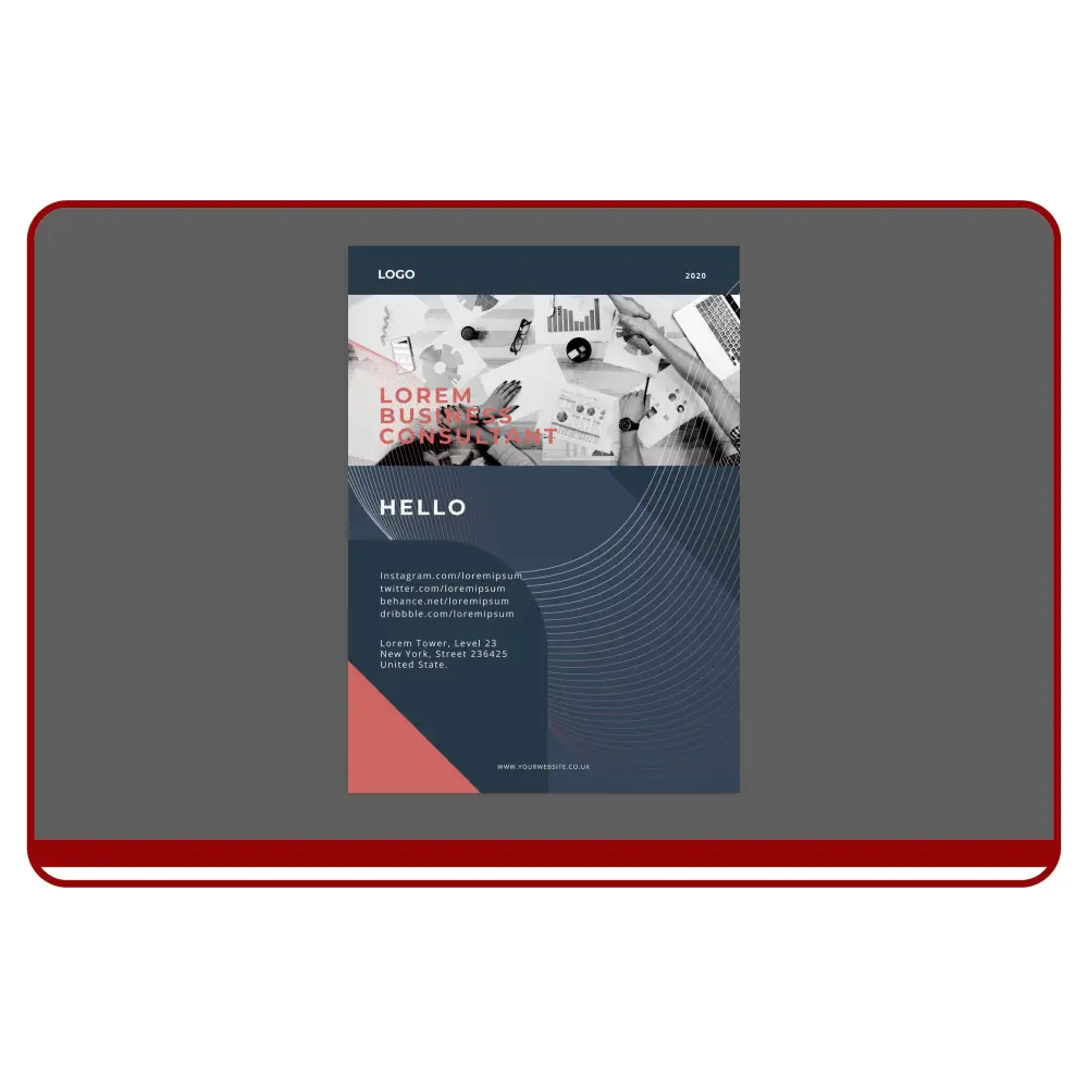 Placeholder design of a business consultant cover withLorem Ipsum text on a gray background