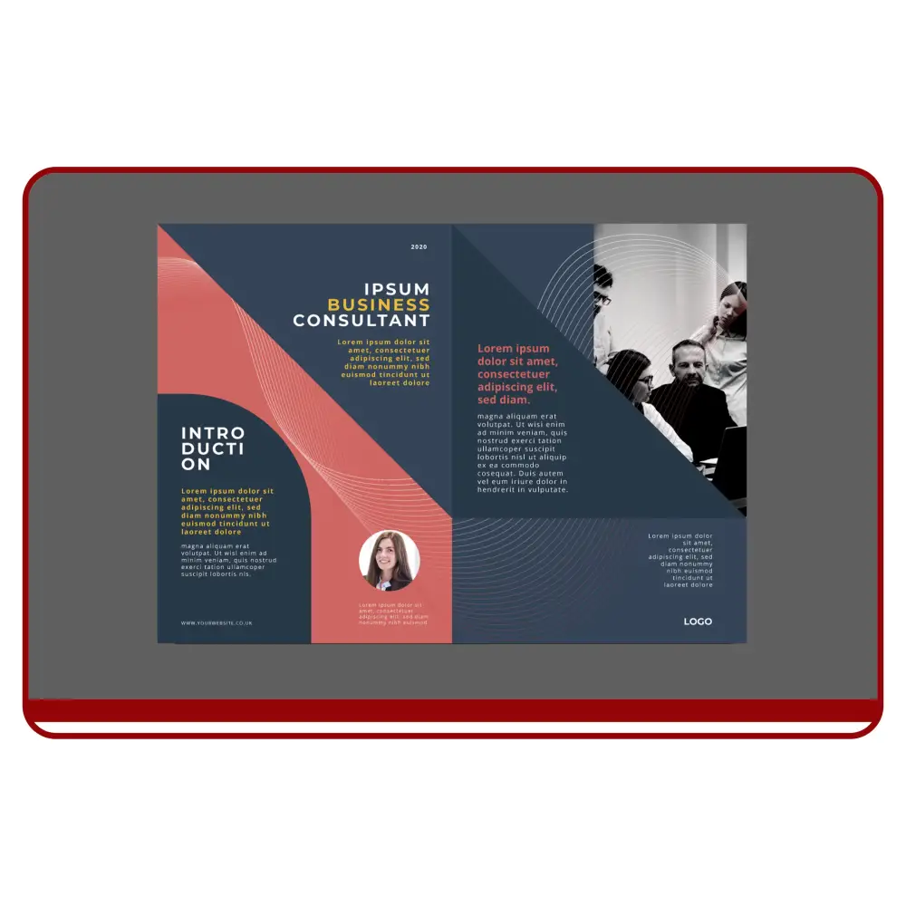 Design of a business consultant brochure with a red and blue color scheme.