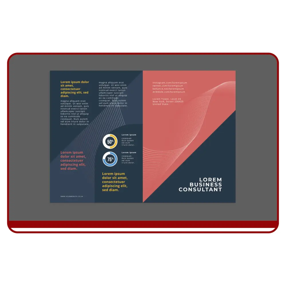 Brochure design with blue and red sections on a gray background