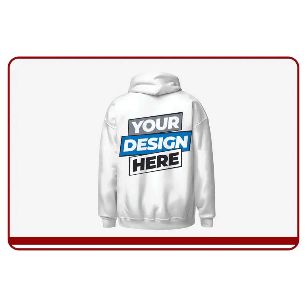 White hoodie with 'Your Design Here' text on a white background