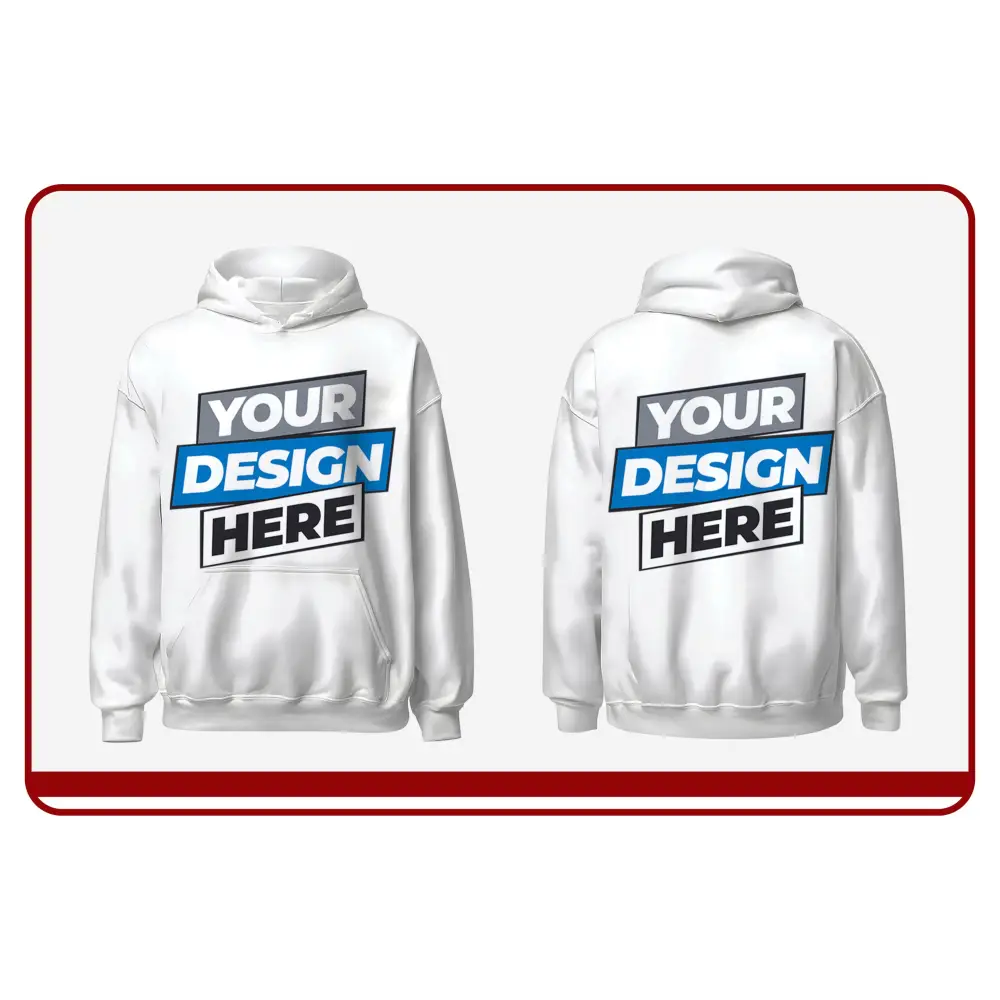 White hoodie with 'Your Design Here' text on front and back