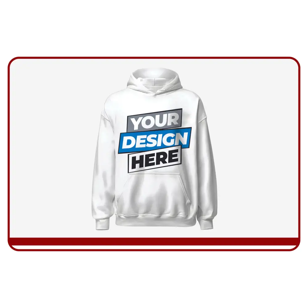 White hoodie with 'Your Design Here' text on a white background