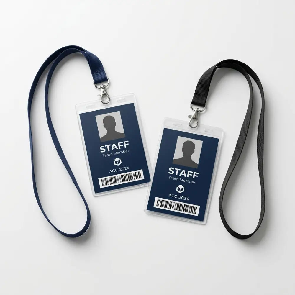 Two staff badges with lanyards on a white background