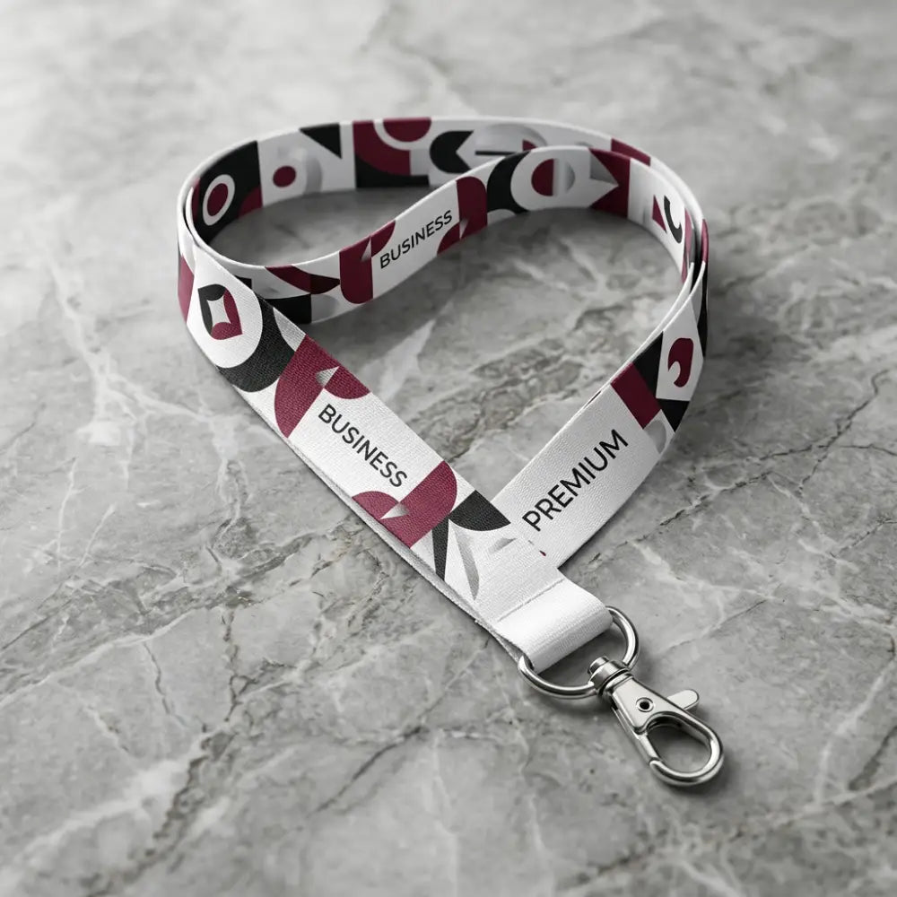 Lanyard with geometric pattern on a gray marble surface