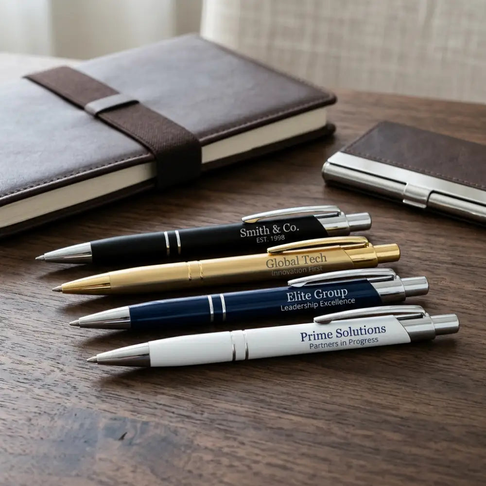 Set of branded pens on a wooden surface with a notebook in the background