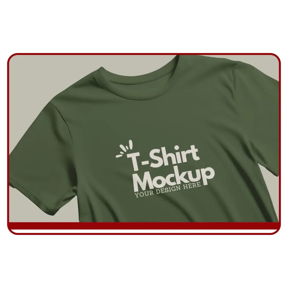 Green t-shirt mockup with 'T-Shirt Mockup Your Design Here' text on a plain background