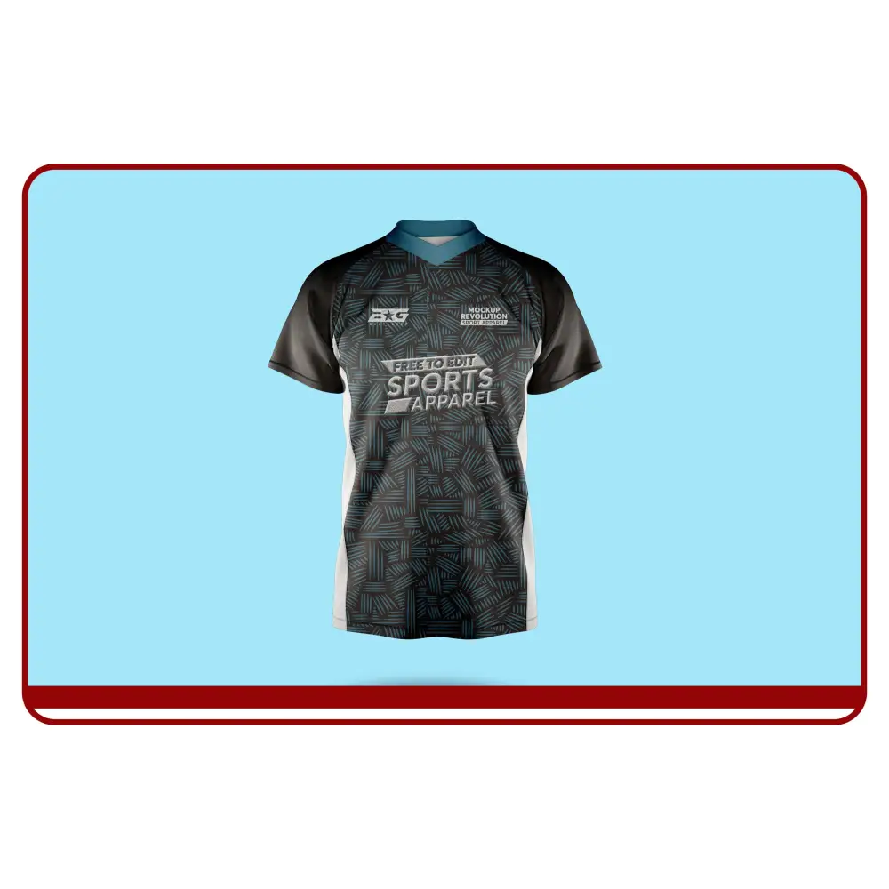 Black sports jersey with white text on a blue background