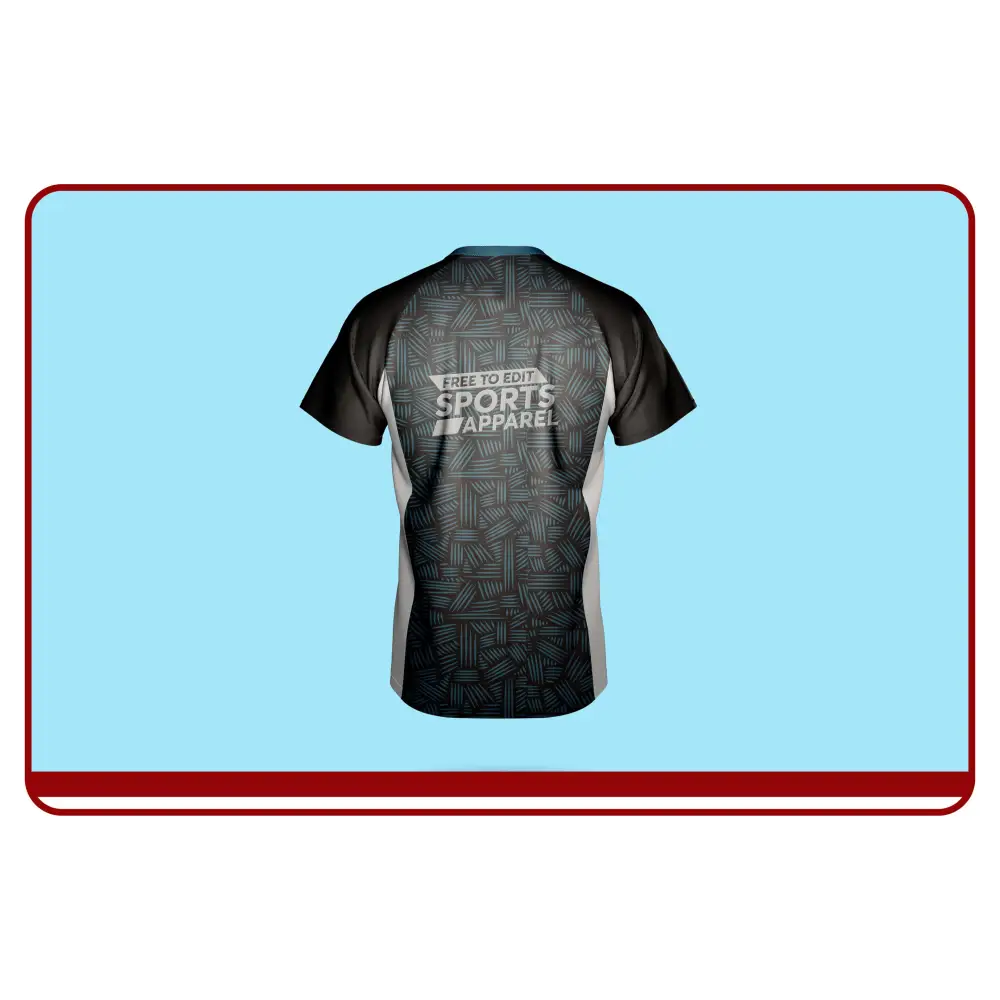 Black sports apparel t-shirt with geometric pattern on a blue background