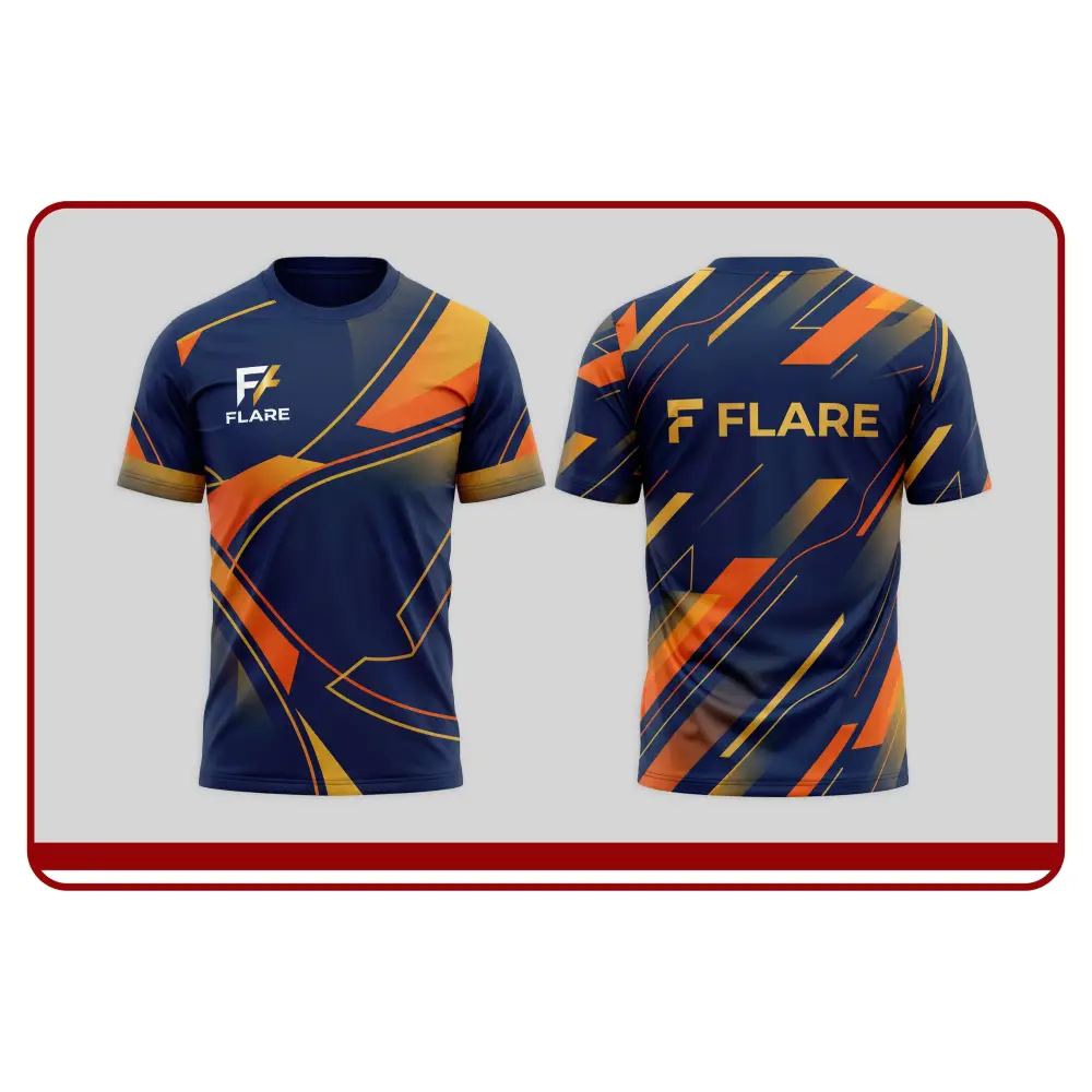 Blue and orange sports jersey with 'FLARE' branding on a light gray background