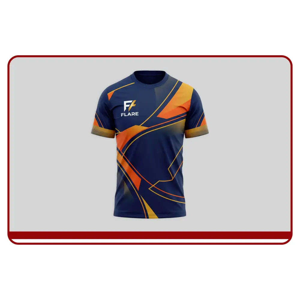 Blue and orange sports jersey with 'Flare' branding on a light gray background