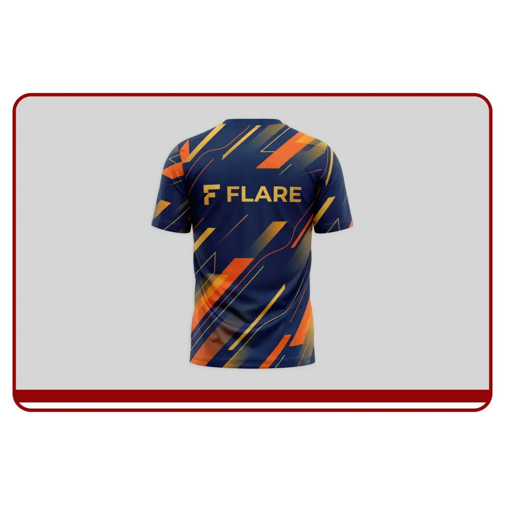 Blue and orange sports jersey with 'FLARE' branding on a light gray background