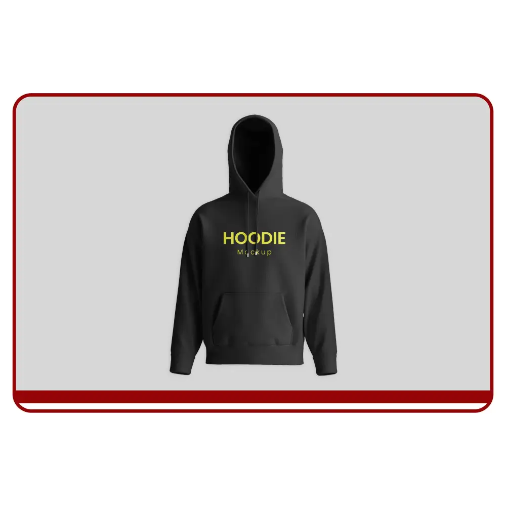 Black hoodie with 'HOODIE' text on a gray background