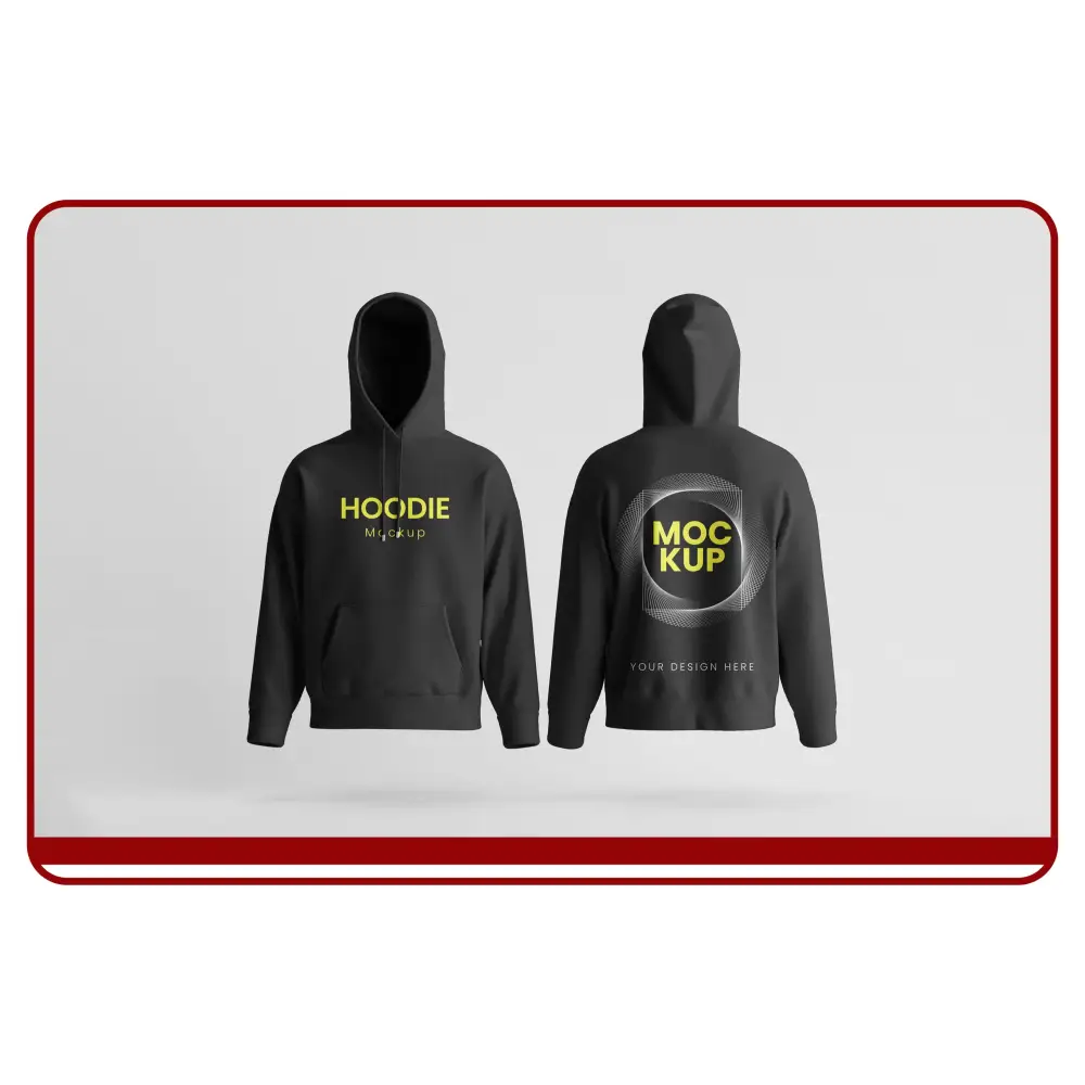 Black hoodie with 'HOODIE' text on front and 'MOCK UP' text on back, on a gray background.