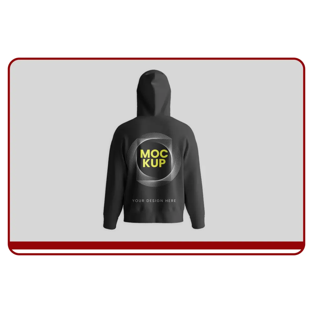 Black hoodie with 'MOCK UP' text on the back against a gray background