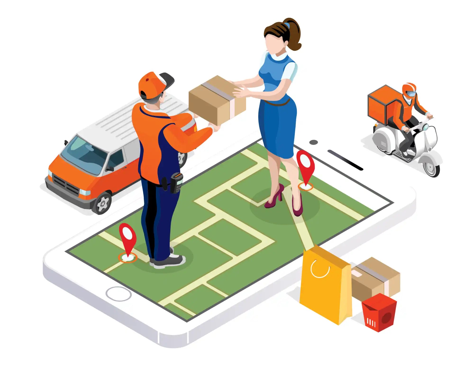 Isometric illustration of a delivery service app showing a package handoff on a smartphone screen.