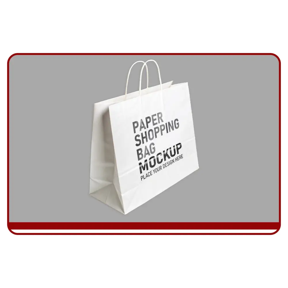 White paper shopping bag mockup with text on a gray background