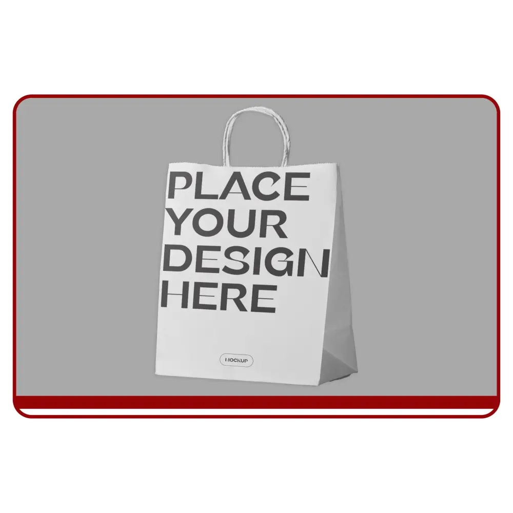 White shopping bag with 'PLACE YOUR DESIGN HERE' text on a gray background