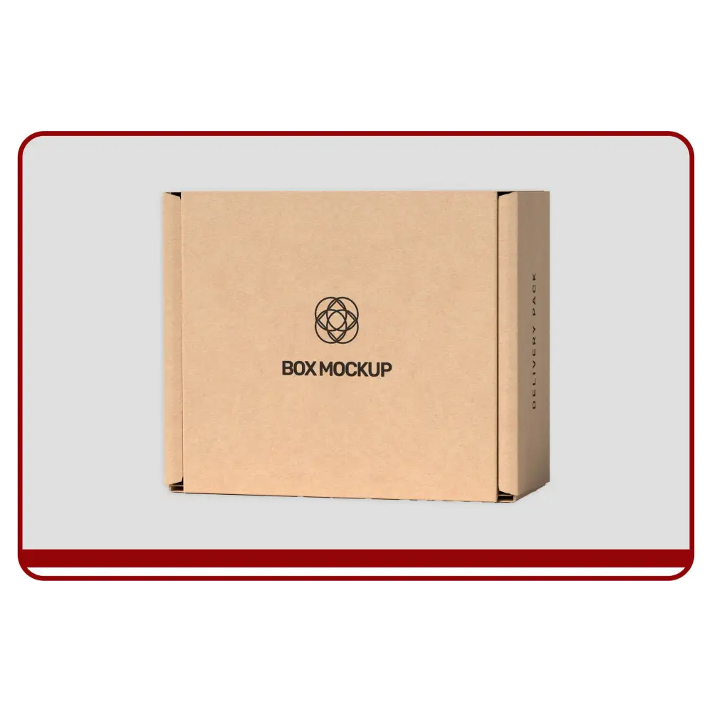 Kraft paper box mockup with a logo and text on a light gray background