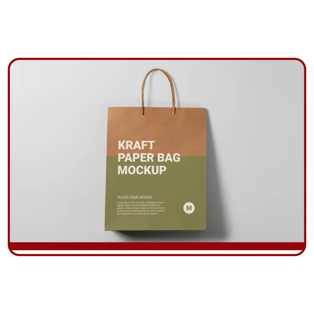 Kraft paper bag mockup with brown top and green bottom on a light gray background