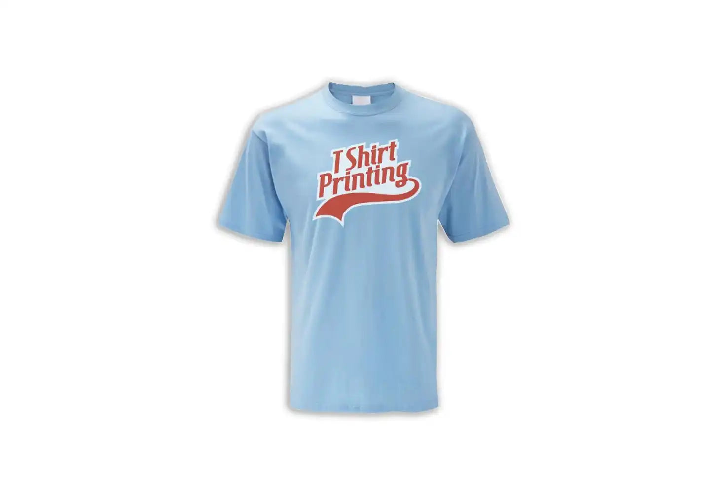 Light blue t-shirt with red and white ’T-shirt Printing’ text design.