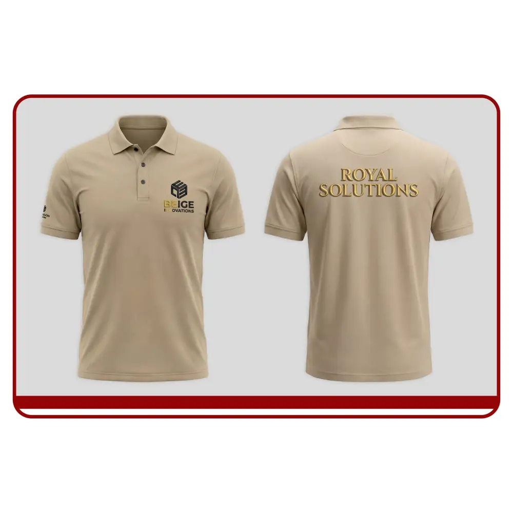 Beige polo shirt with 'Royal Solutions' branding on a white background