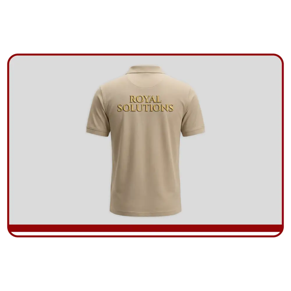 Beige polo shirt with 'ROYAL SOLUTIONS' text on a light gray background