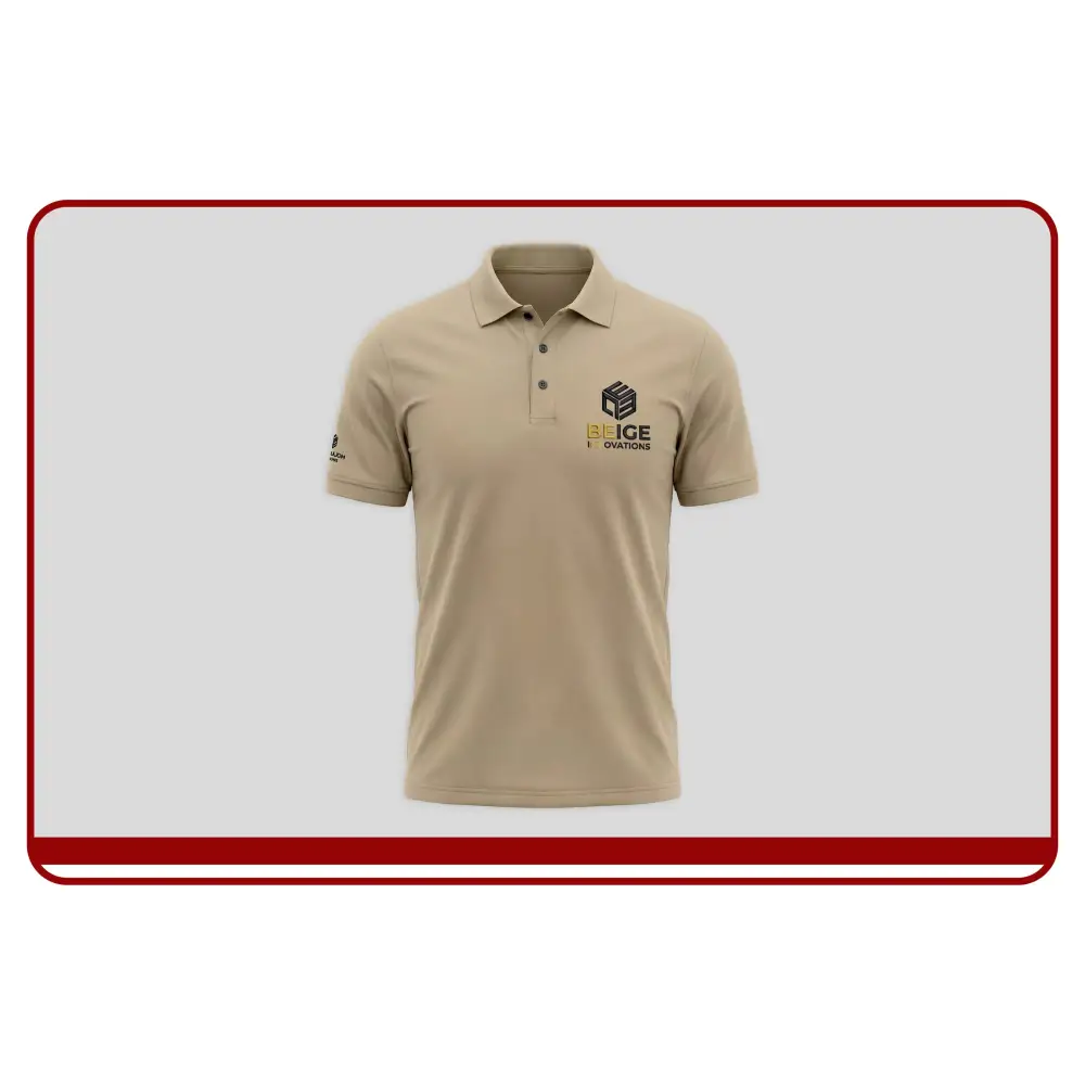 Beige polo shirt with a logo on a light gray background