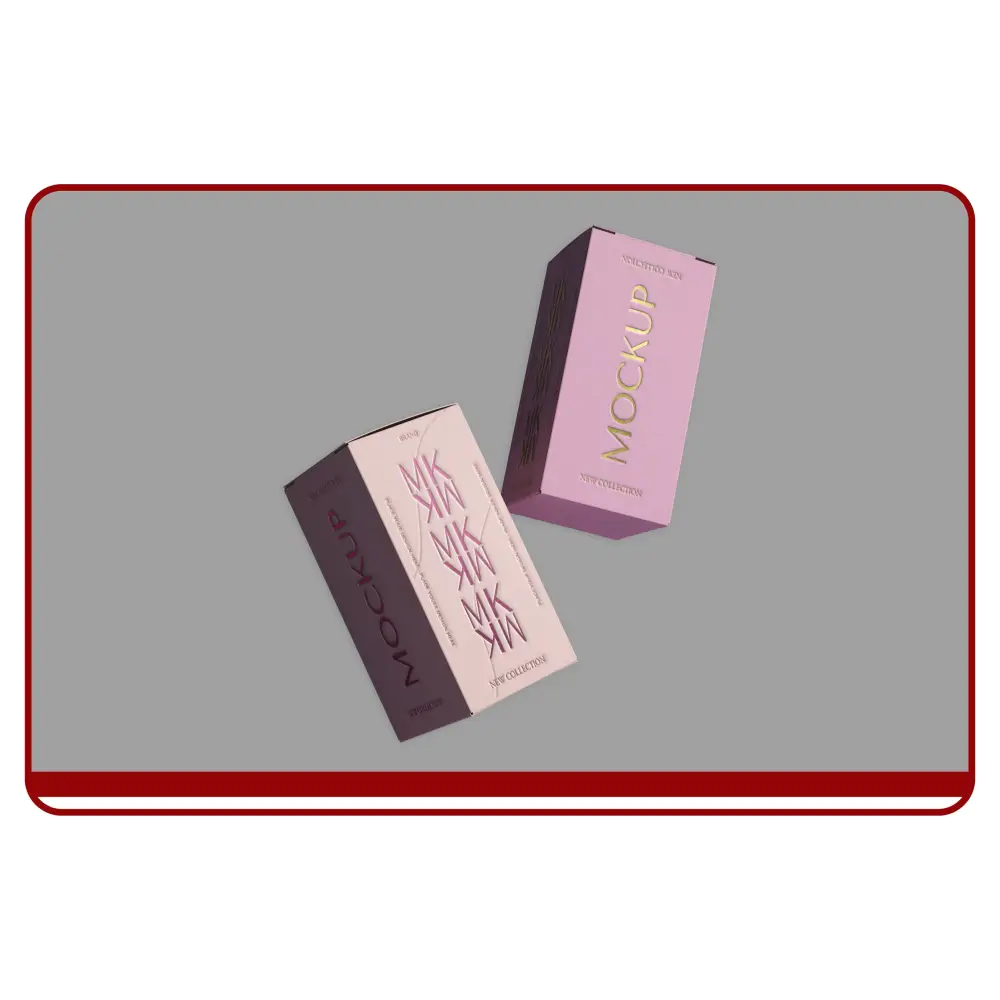 Two pink and purple mockup boxes on a gray background