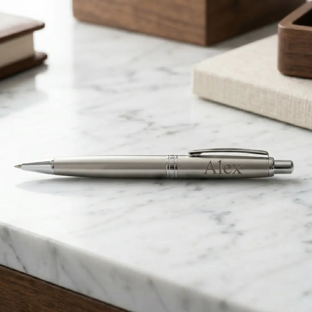 Silver pen with 'Alex' engraving on a marble surface